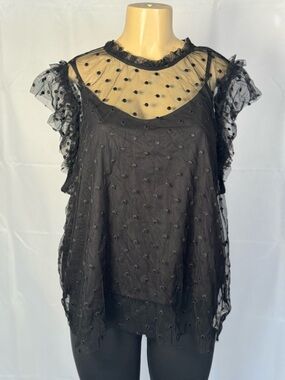 Old Navy Black Sheer Polka Dot Ruffle Camisole Tank
